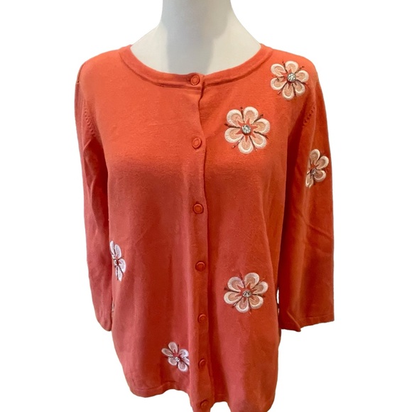 Bob Mackie Sweaters - Bob Mackie. Sz S. Orange Cardigan w/floral embroidery. runs big/Loose fit